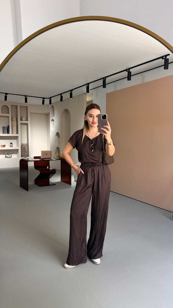 Kırışık Doku Bluz Pantolon Kahve Saten Takım