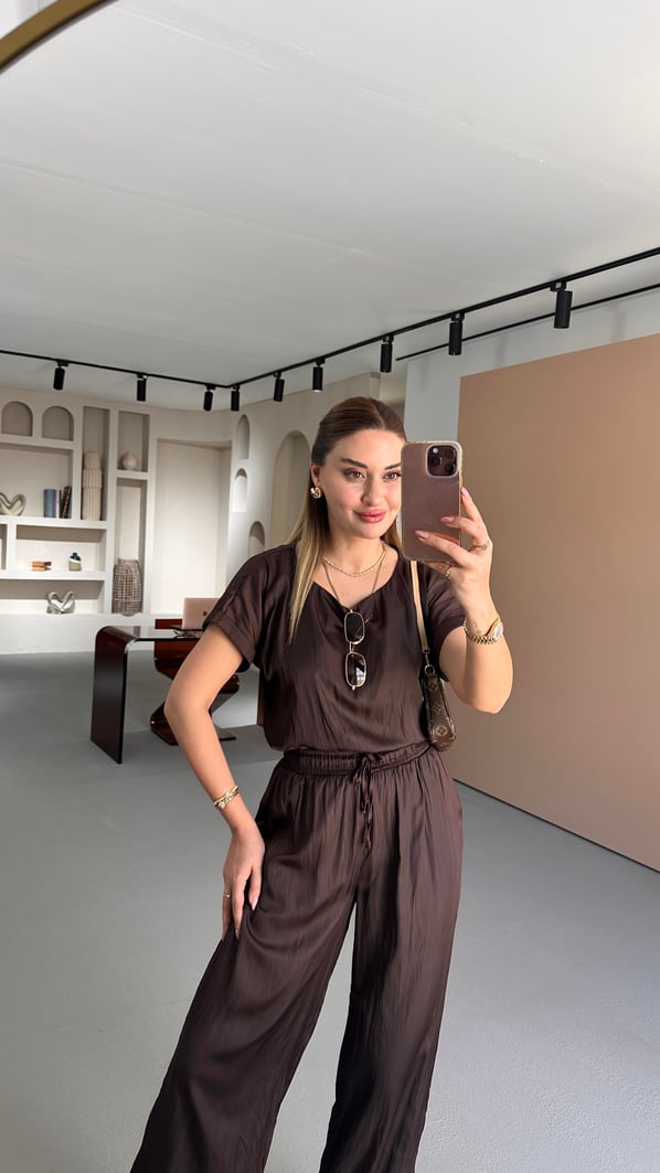 Kırışık Doku Bluz Pantolon Kahve Saten Takım