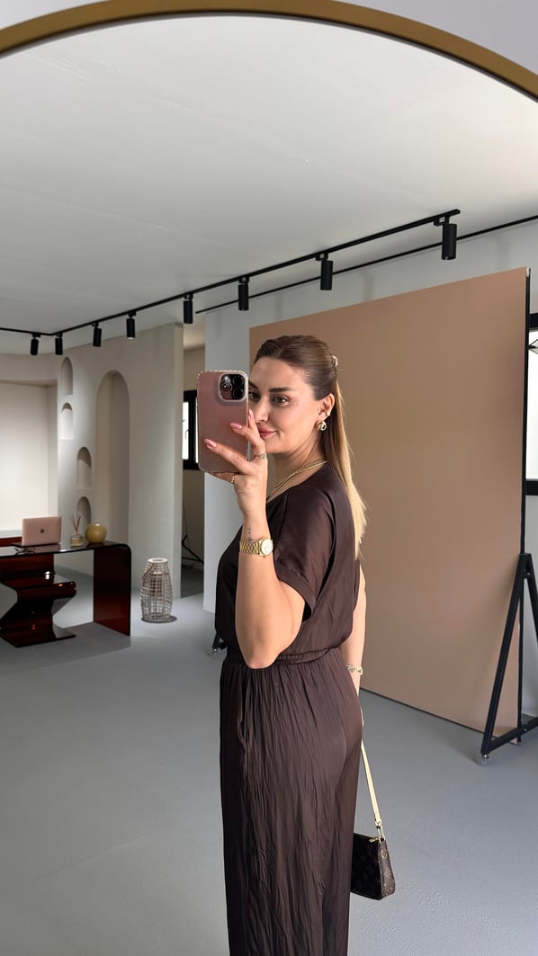 Kırışık Doku Bluz Pantolon Kahve Saten Takım