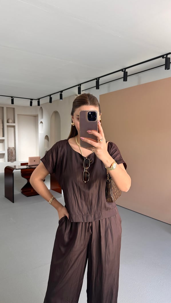 Kırışık Doku Bluz Pantolon Kahve Saten Takım