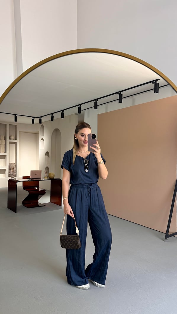 Kırışık Doku Bluz Pantolon Lacivert Saten Takım