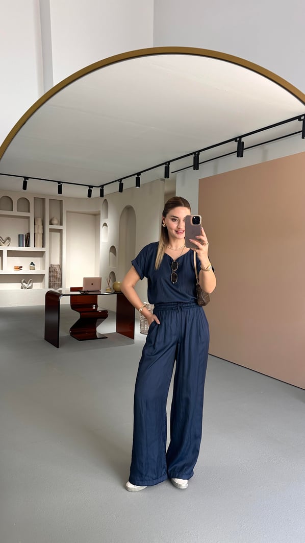 Kırışık Doku Bluz Pantolon Lacivert Saten Takım