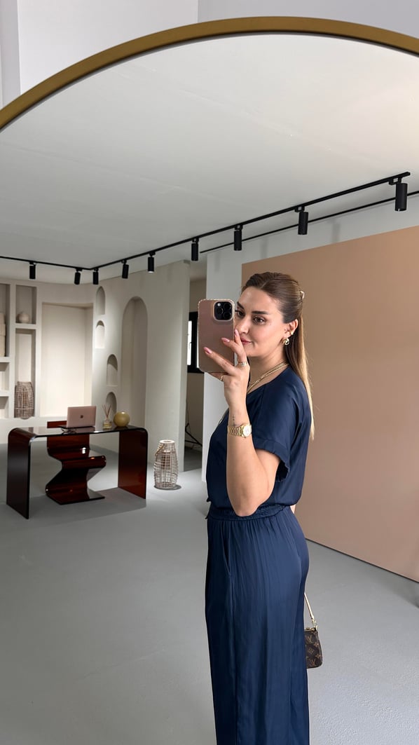 Kırışık Doku Bluz Pantolon Lacivert Saten Takım