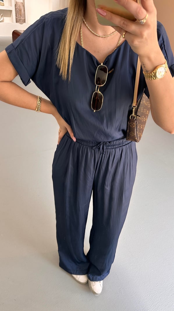 Kırışık Doku Bluz Pantolon Lacivert Saten Takım