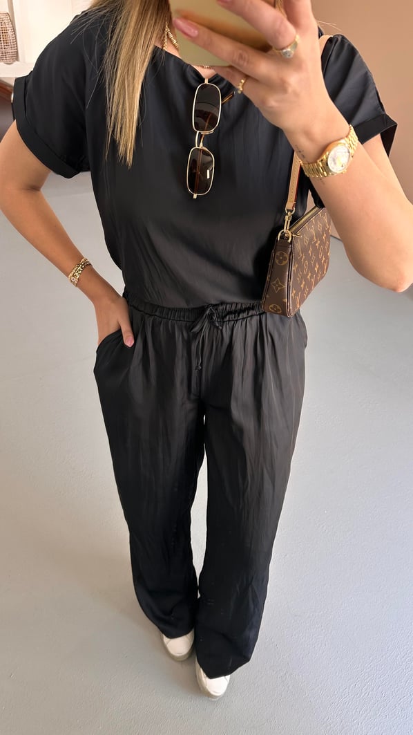 Kırışık Doku Bluz Pantolon Siyah Saten Takım