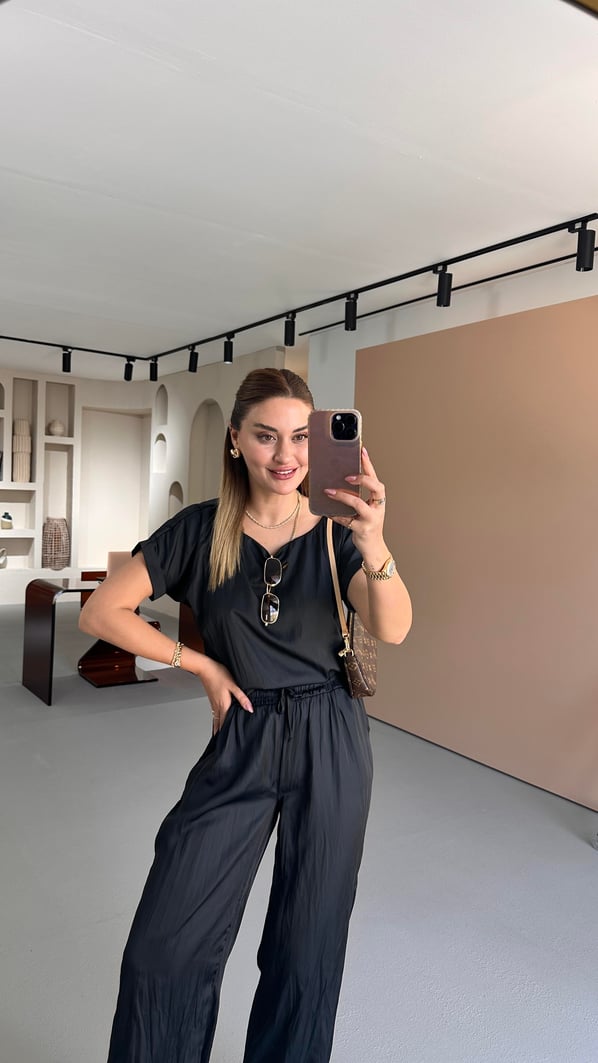 Kırışık Doku Bluz Pantolon Siyah Saten Takım