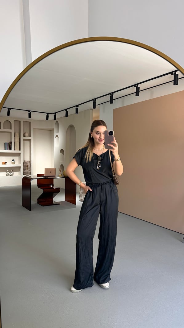 Kırışık Doku Bluz Pantolon Siyah Saten Takım