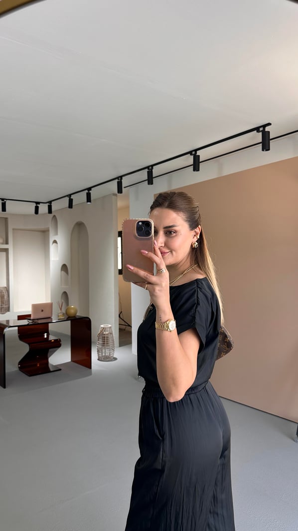 Kırışık Doku Bluz Pantolon Siyah Saten Takım