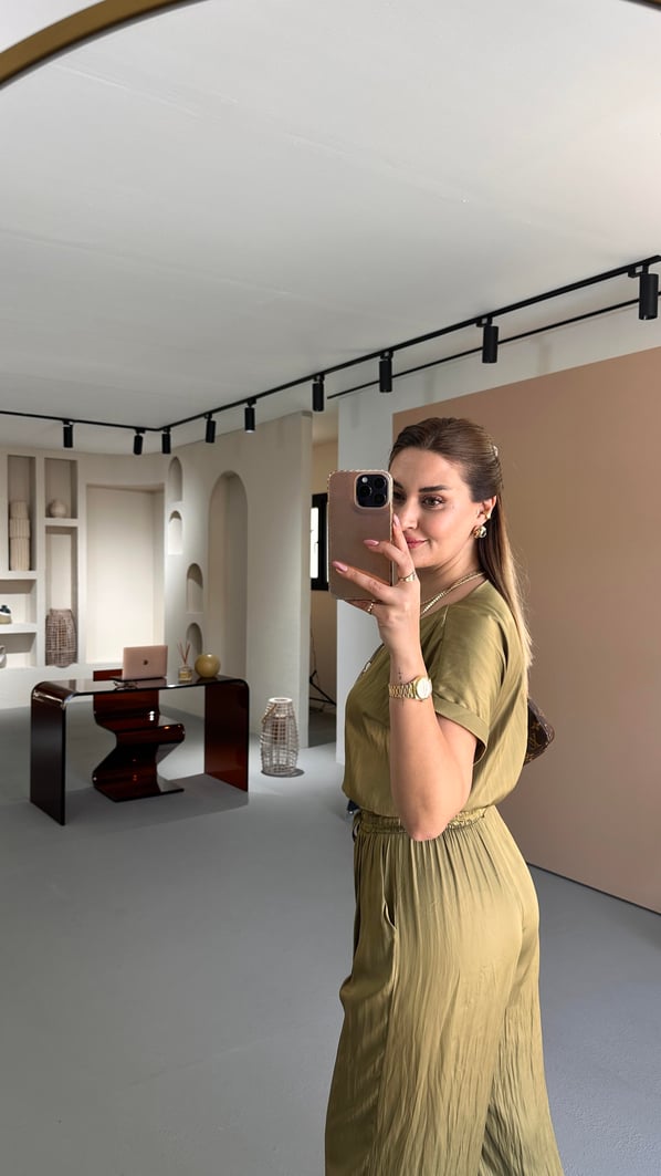 Kırışık Doku Bluz Pantolon Yağ Yeşili Saten Takım