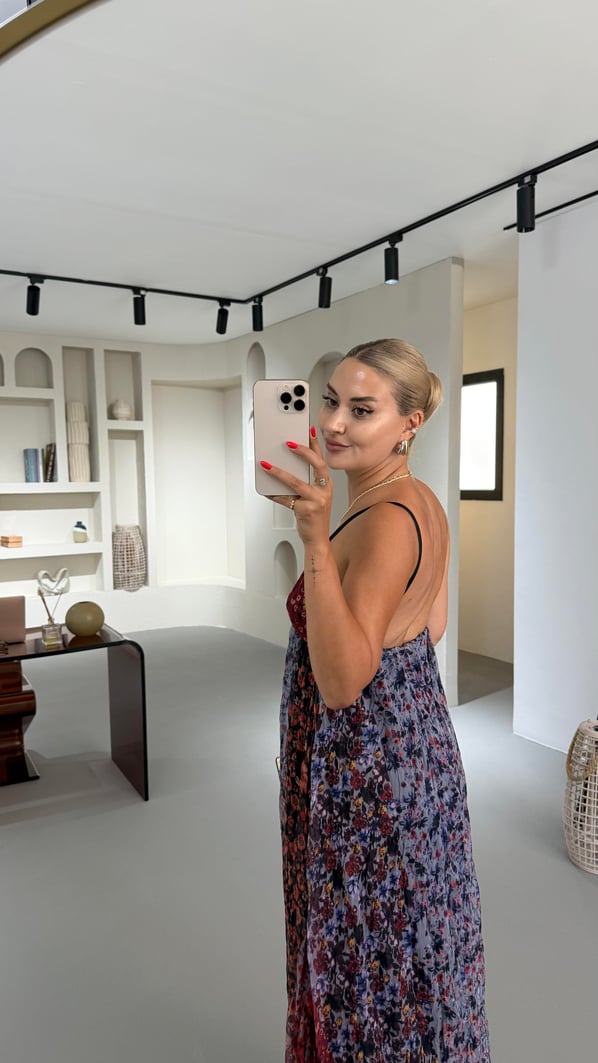 Kırışık Doku Çıtır Desen Astarlı Şifon Elbise