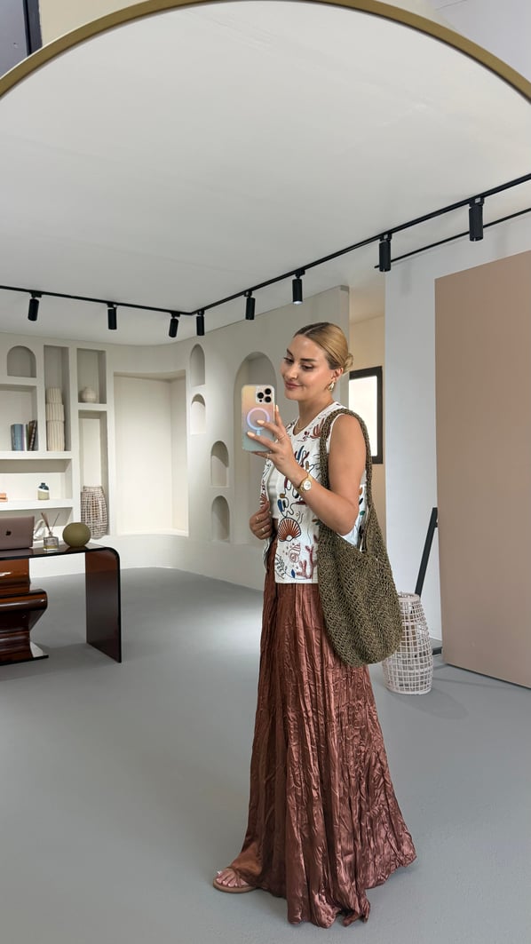 Kırışık Saten Doku Bronz Maxi Etek