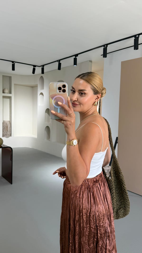 Kırışık Saten Doku Bronz Maxi Etek