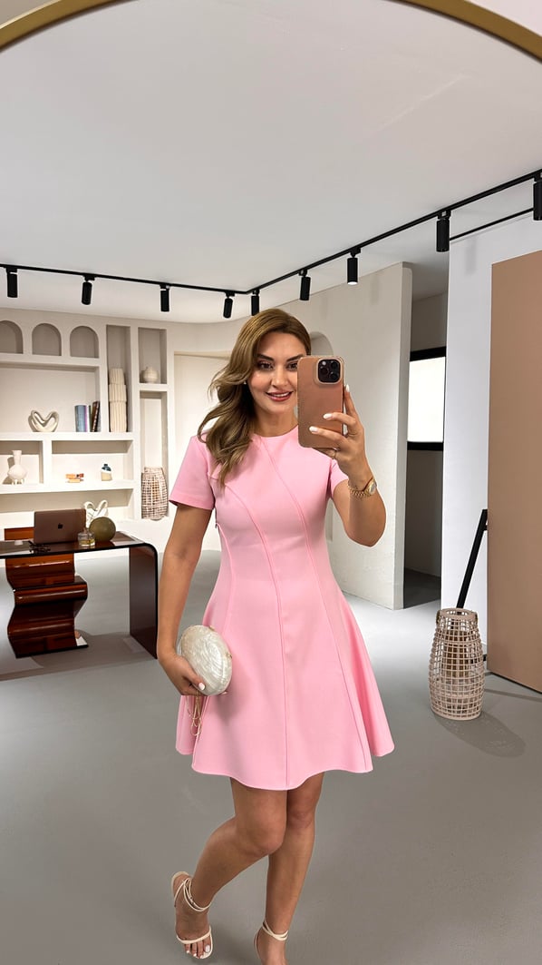 Kısa Kol Biyeli Pastel Pembe Çan Elbise