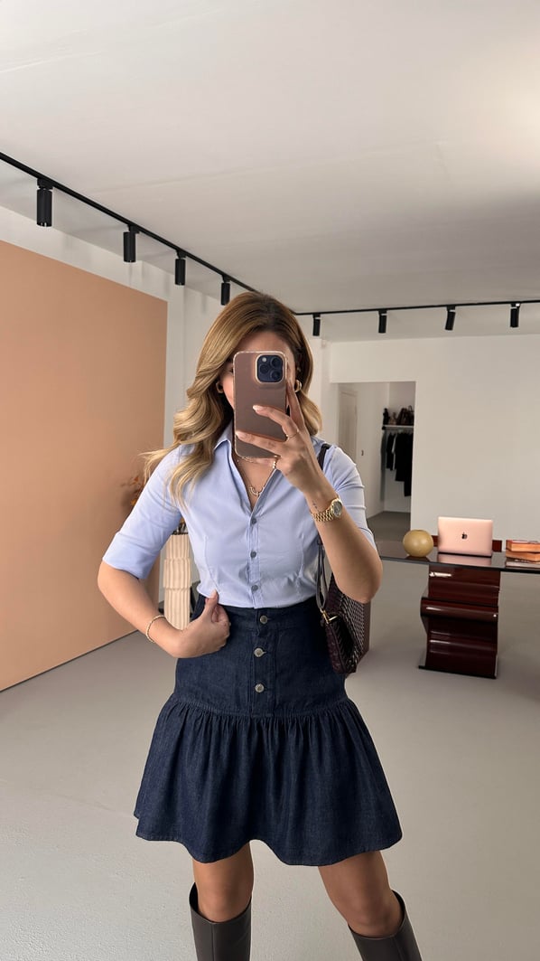 Kısa Kol Slim Fit Likralı Mavi Gömlek