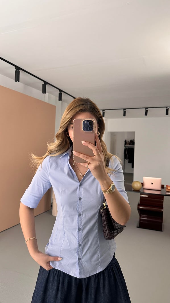 Kısa Kol Slim Fit Likralı Mavi Gömlek