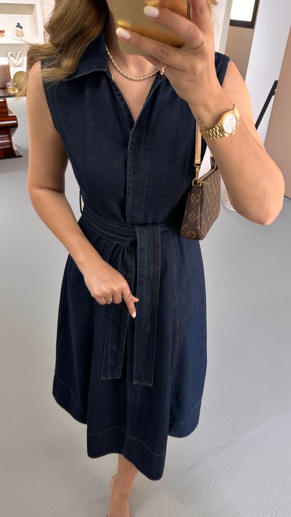 Kolsuz Asimetrik Kesim Lacivert Midi Denim Çan Elbise