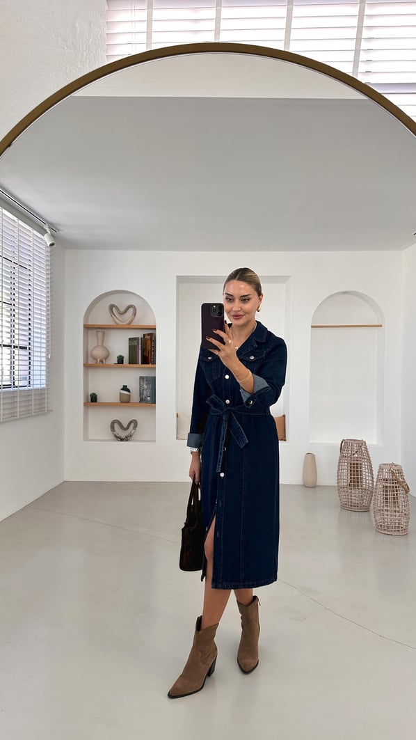 Kruvaze Yaka Boydan Düğmeli Midi Denim Elbise