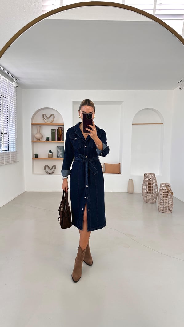 Kruvaze Yaka Boydan Düğmeli Midi Denim Elbise