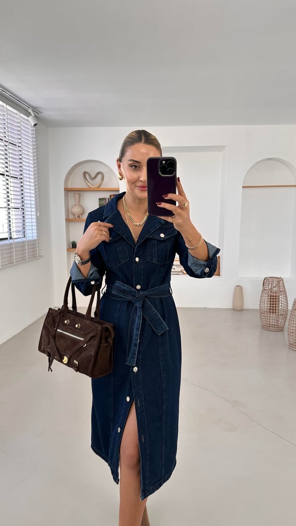 Kruvaze Yaka Boydan Düğmeli Midi Denim Elbise