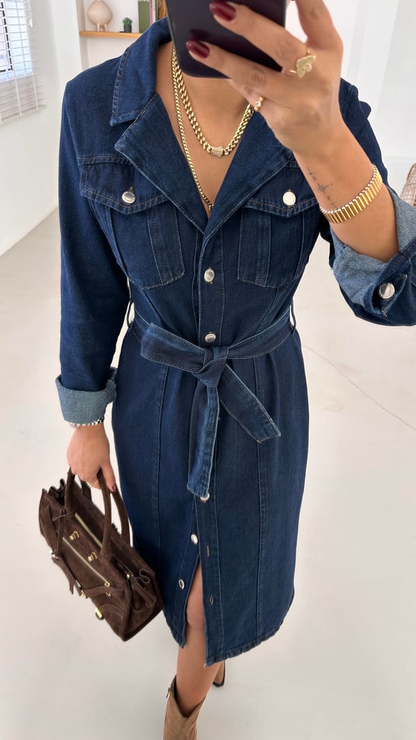 Kruvaze Yaka Boydan Düğmeli Midi Denim Elbise