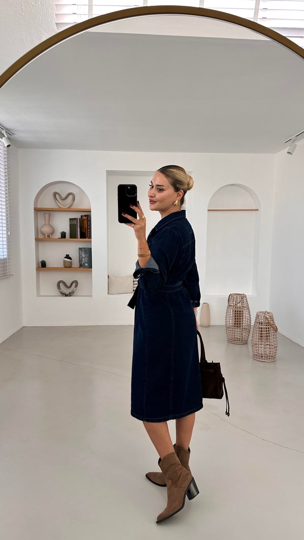 Kruvaze Yaka Boydan Düğmeli Midi Denim Elbise