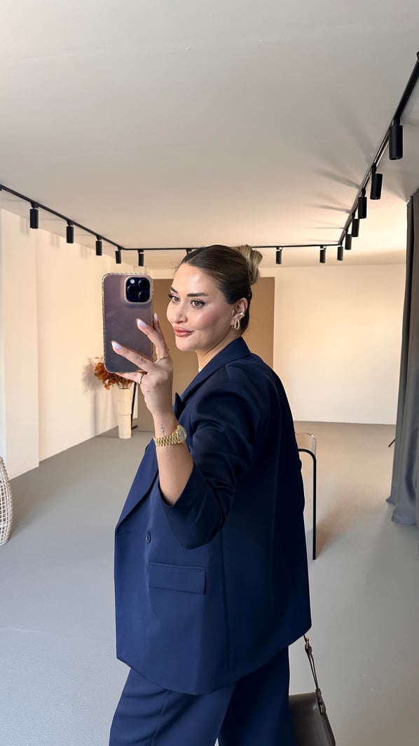 Lacivert Blazer Ceket Piliseli Palazzo Pantolon Takım