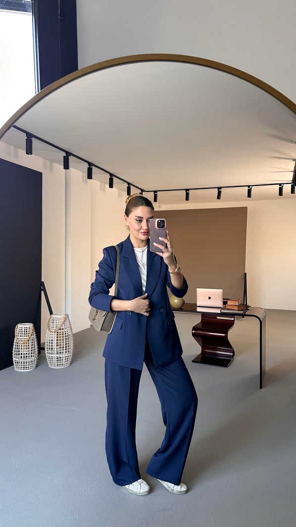 Lacivert Blazer Ceket Piliseli Palazzo Pantolon Takım
