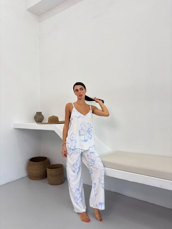 Mavi Çiçek Desen Ayarlanabilir Askı Pamuklu Atlet