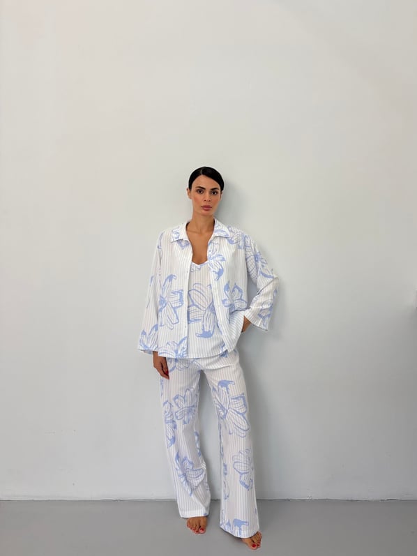 Mavi Çiçek Desen Ayarlanabilir Askı Pamuklu Atlet