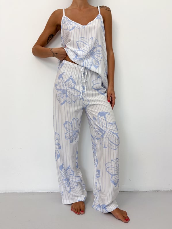 Mavi Çiçek Desen Ayarlanabilir Askı Pamuklu Atlet