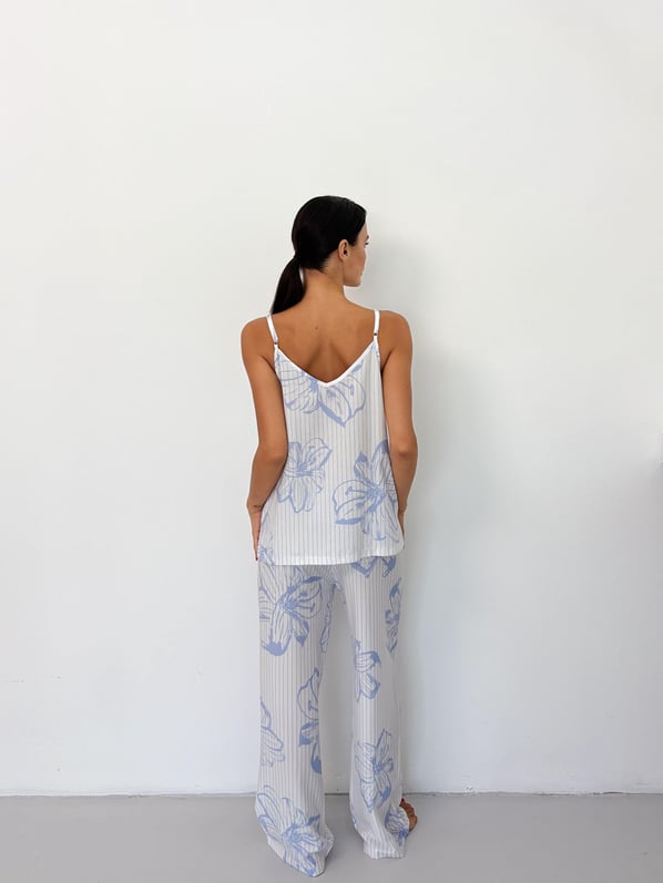 Mavi Çiçek Desen Ayarlanabilir Askı Pamuklu Atlet