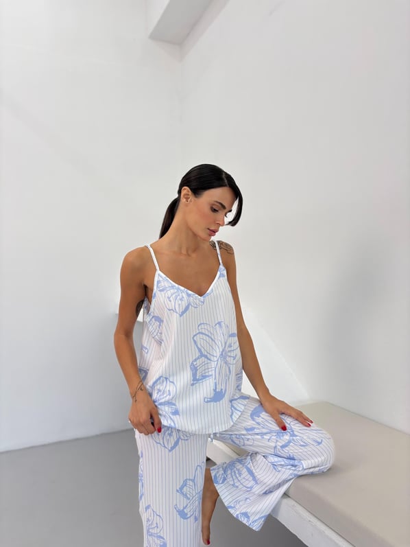 Mavi Çiçek Desen Ayarlanabilir Askı Pamuklu Atlet