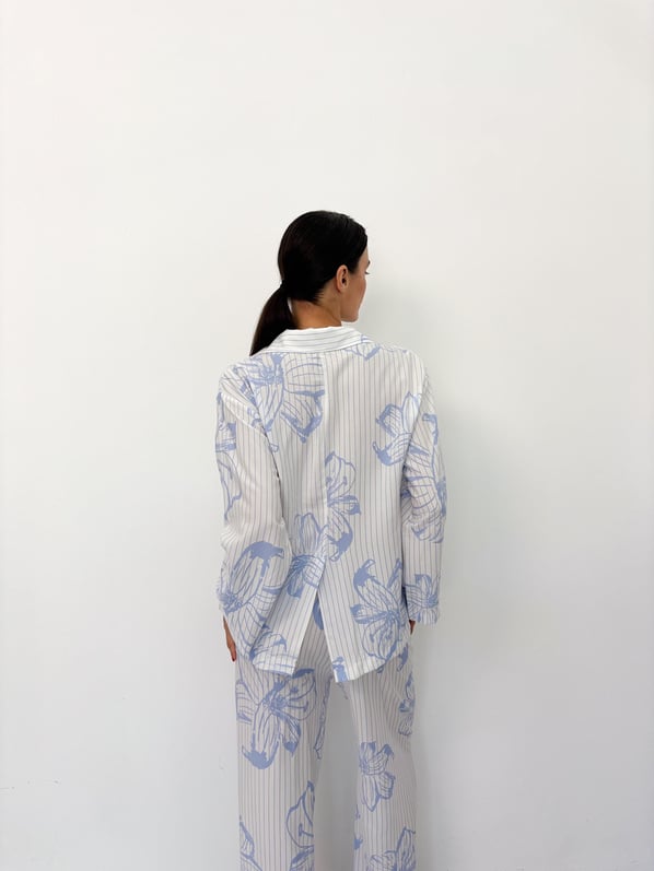 Mavi Çiçek Desen Pamuklu Gömlek Pijama Takım