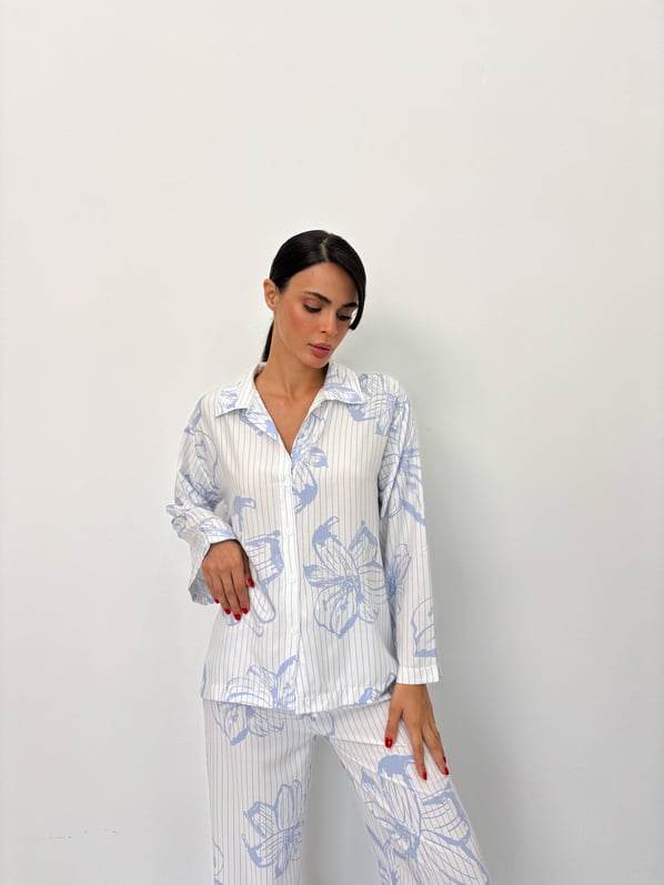 Mavi Çiçek Desen Pamuklu Gömlek Pijama Takım