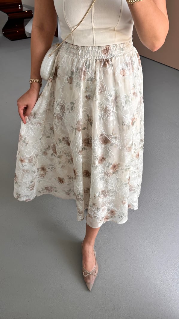 Nakış Detay Beli Lastikli Krem Vintage Etek
