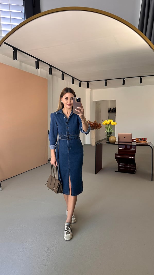 Önden Yırtmaçlı Likralı Lacivert Denim Elbise