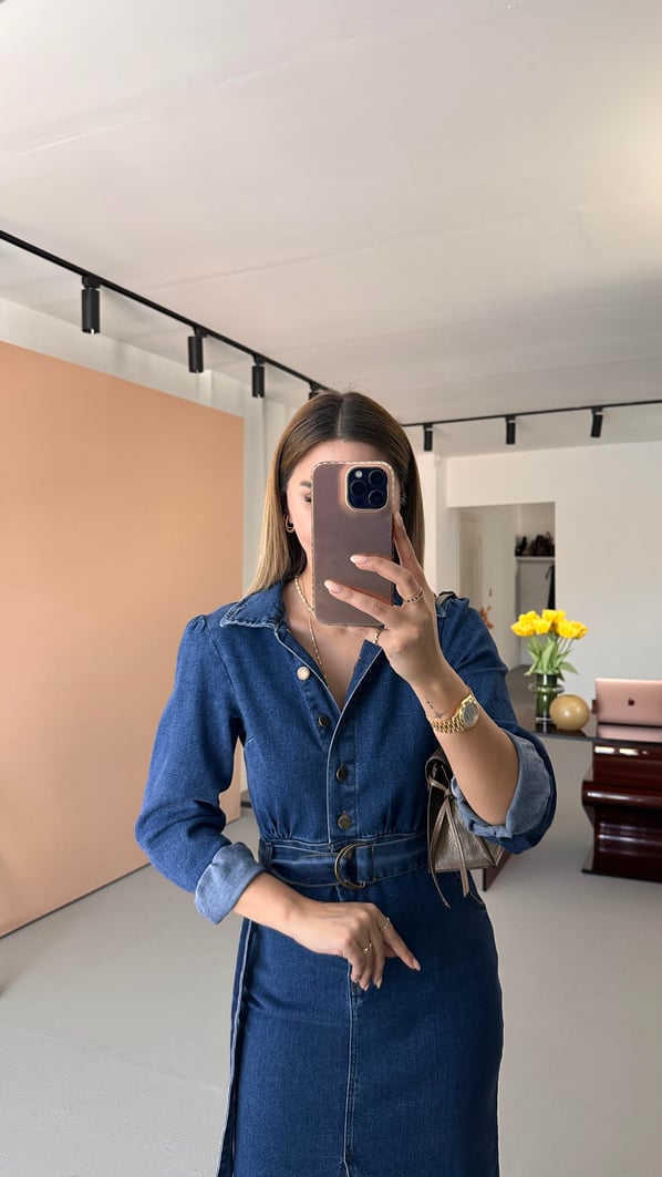 Önden Yırtmaçlı Likralı Lacivert Denim Elbise