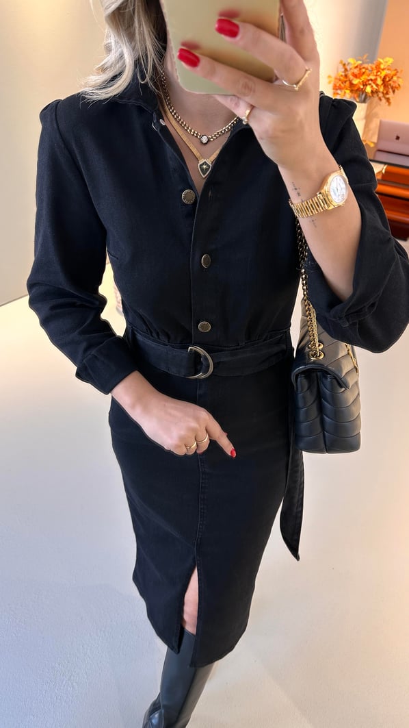 Önden Yırtmaçlı Likralı Siyah Denim Elbise