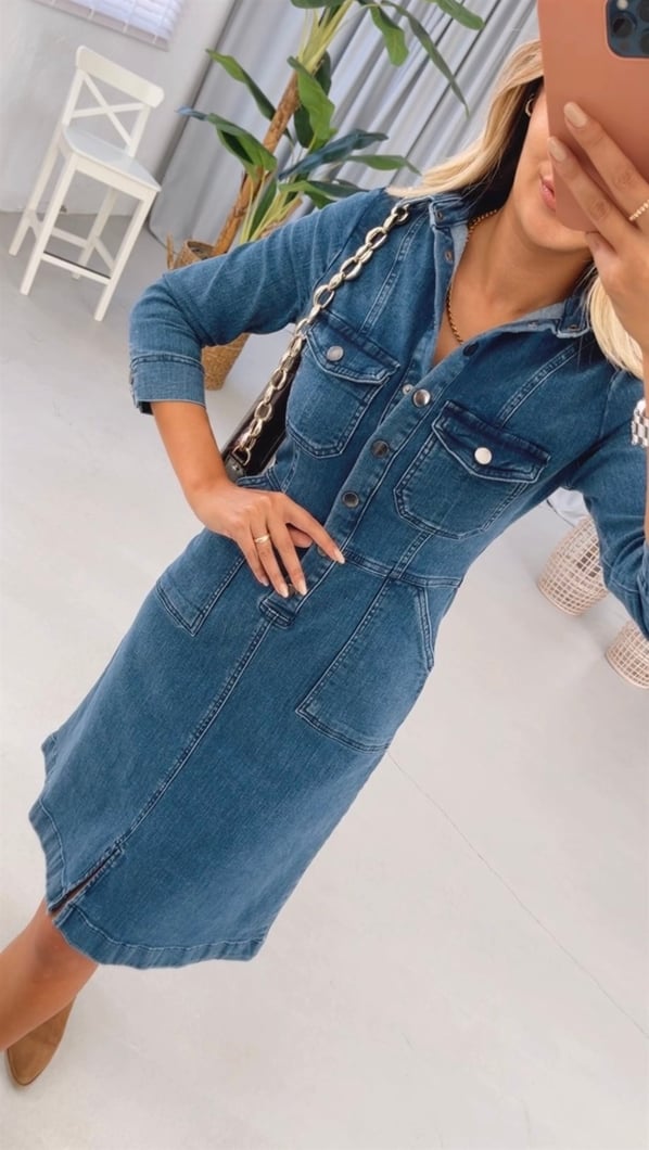 Orjinal Marka Likralı Lacivert Denim Elbise