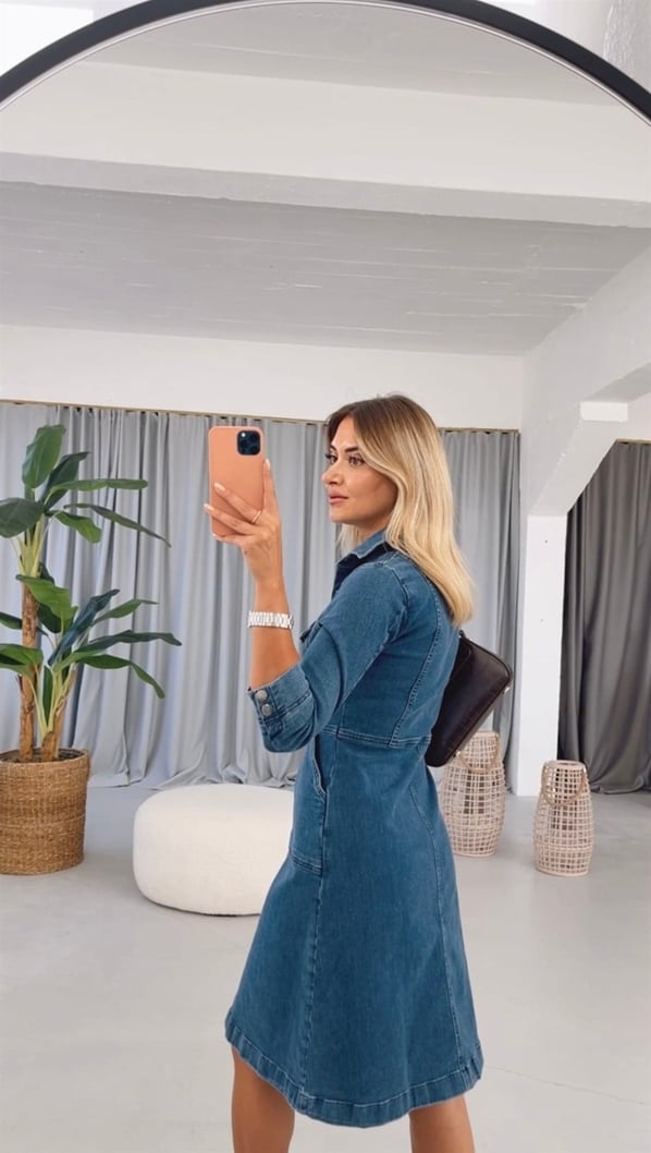 Orjinal Marka Likralı Lacivert Denim Elbise
