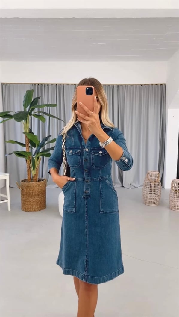 Orjinal Marka Likralı Lacivert Denim Elbise