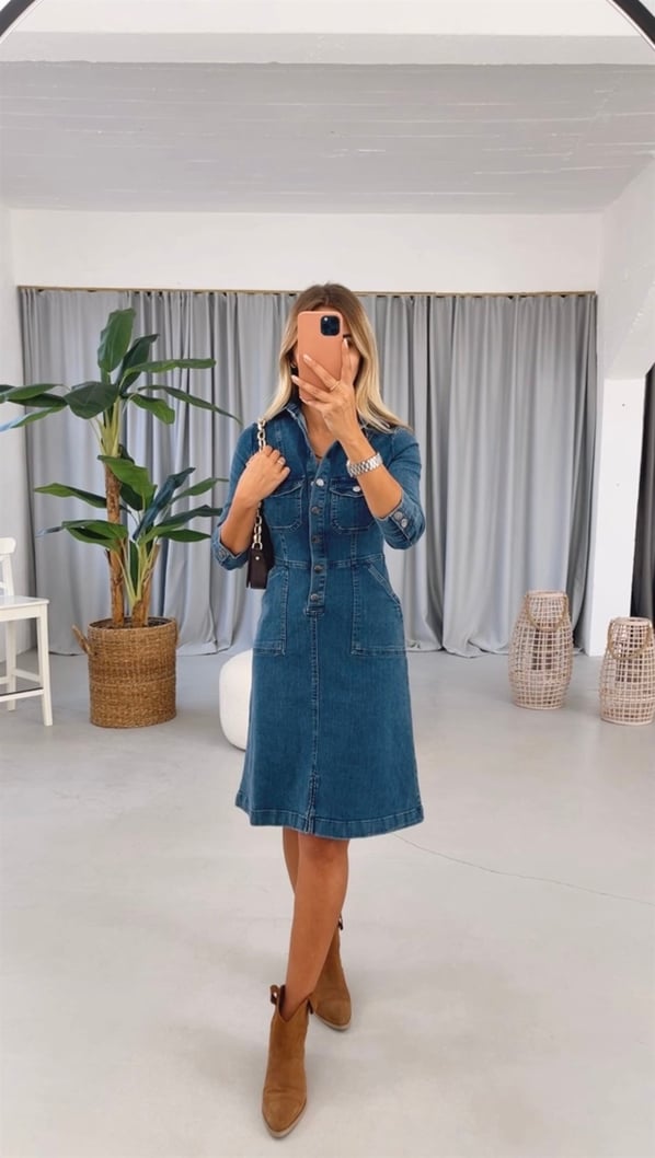 Orjinal Marka Likralı Lacivert Denim Elbise