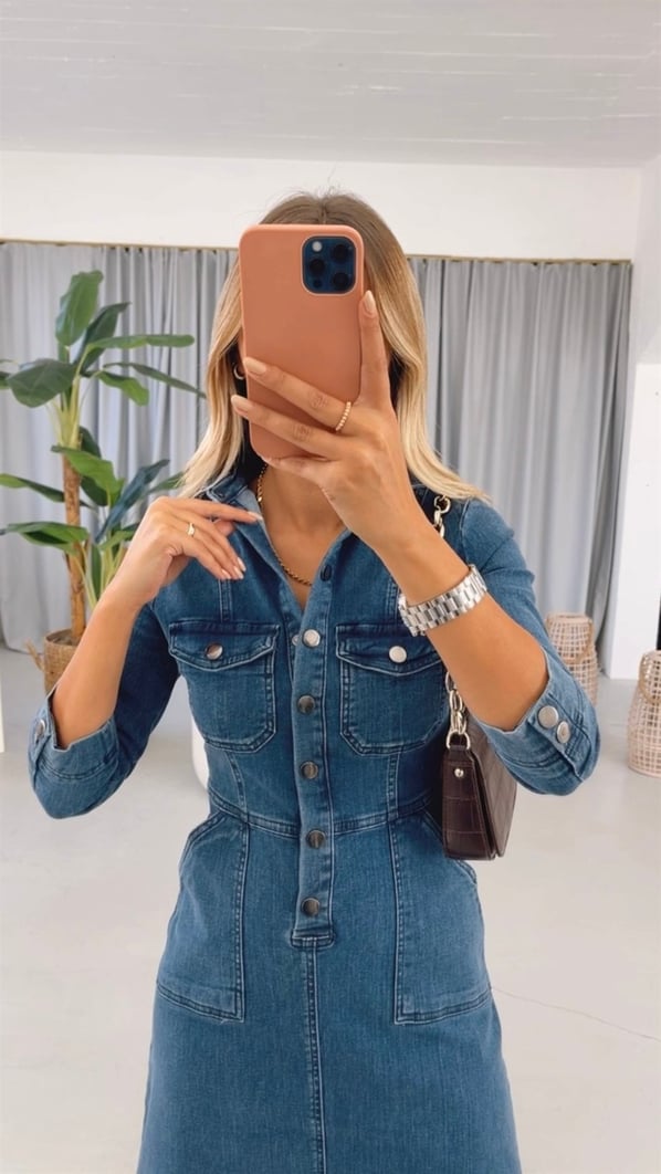 Orjinal Marka Likralı Lacivert Denim Elbise