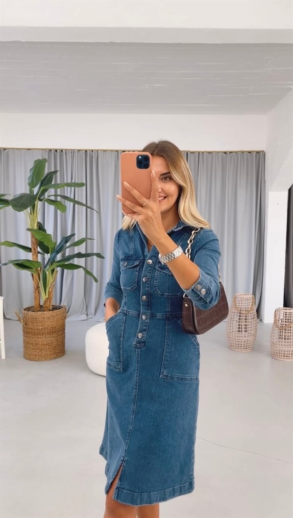 Orjinal Marka Likralı Lacivert Denim Elbise
