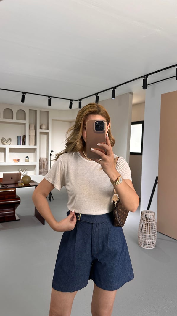 Özel Seri Bisiklet Yaka Pamuklu Keten Taş Tshirt