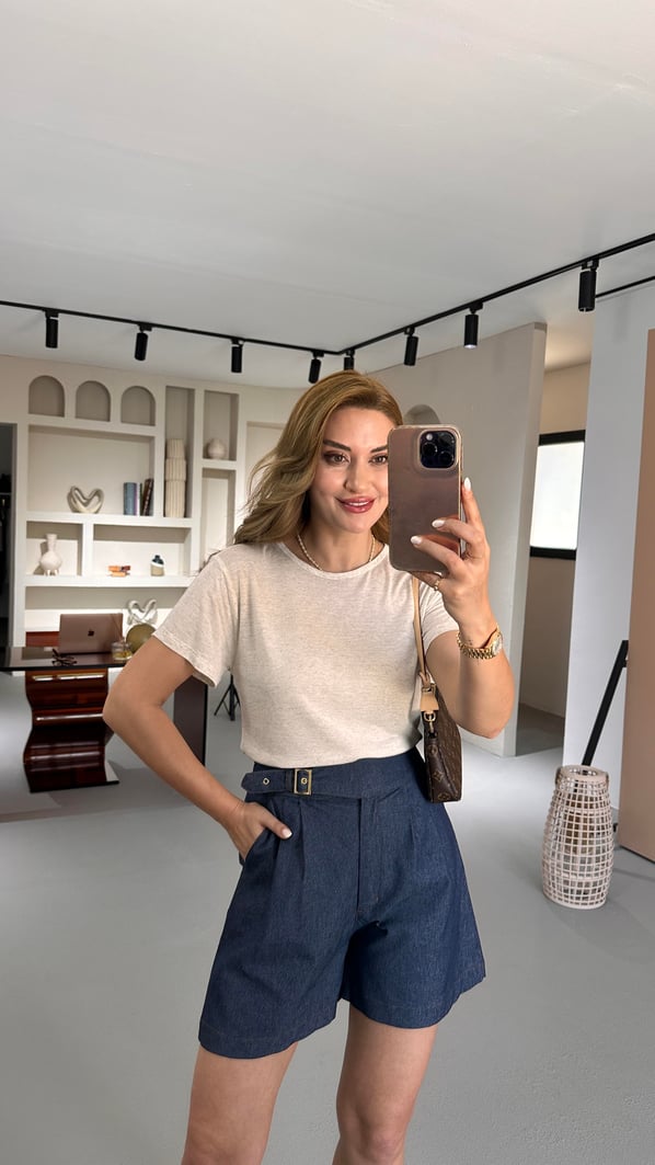 Özel Seri Bisiklet Yaka Pamuklu Keten Natural Tshirt