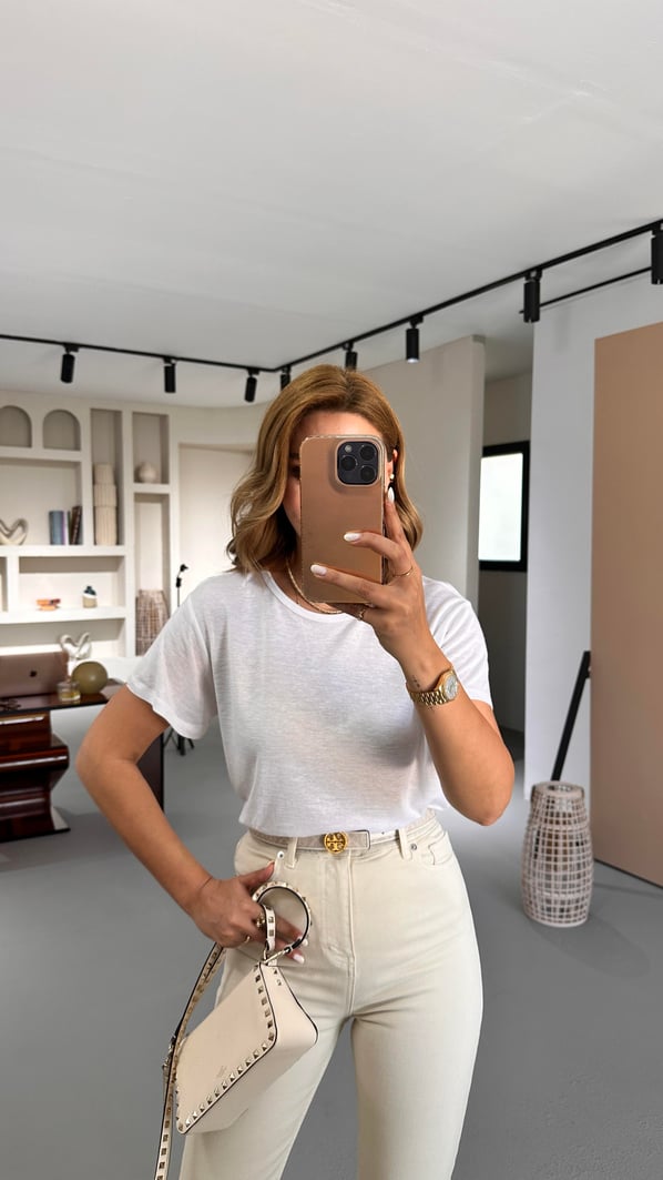 Özel Seri Bisiklet Yaka Pamuklu Keten Beyaz Tshirt