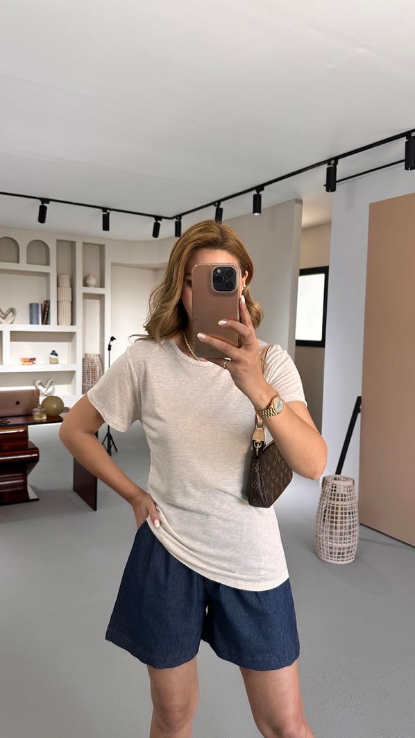 Özel Seri Bisiklet Yaka Pamuklu Keten Taş Tshirt