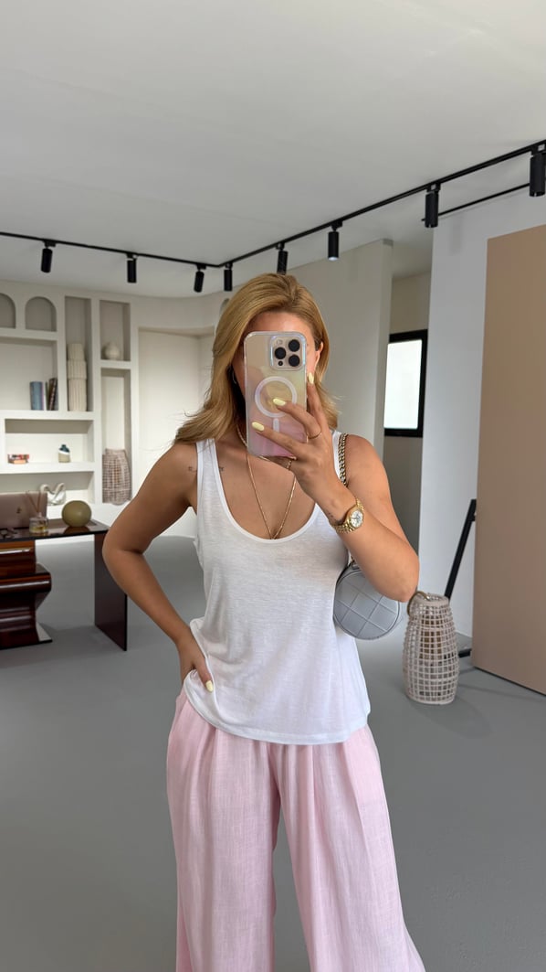 Özel Seri Havuz Yaka Ekru Pamuklu Keten Bluz