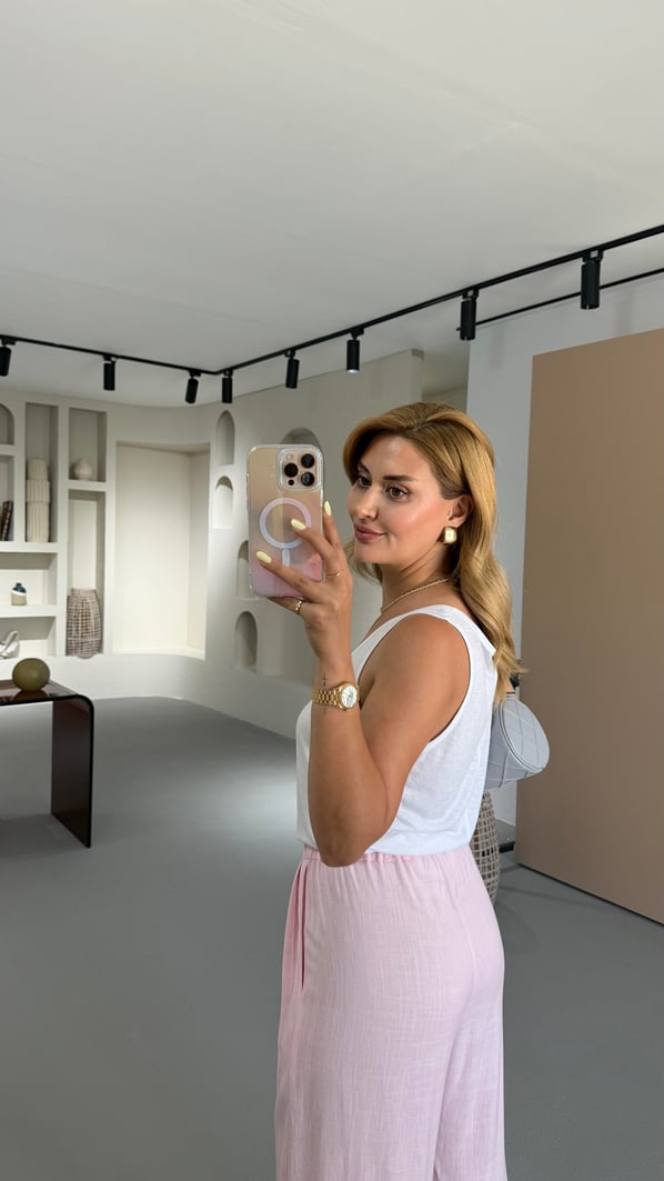 Özel Seri Havuz Yaka Ekru Pamuklu Keten Bluz